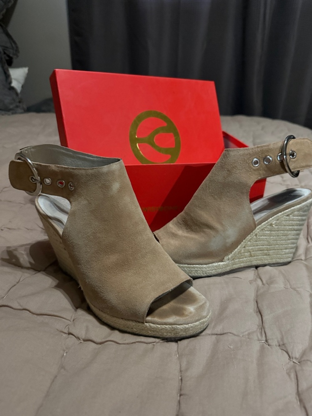 Open-Toe Suede Espadrille Wedge Sandals in Taupe
